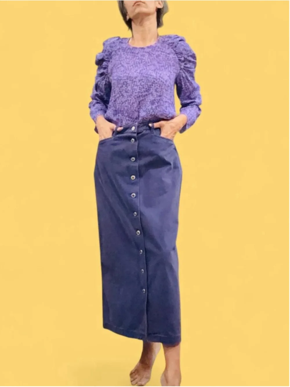 Vintage Basic Editions Purple Denim Midi Maxi Skirt Button Front Size 8 90s